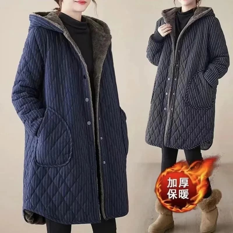 2026 Autumn Winter New Striped Cotton Jacket Women Warm Plush Thicken Hooded Coat Fashion Loose Female Casual Long Overcoat