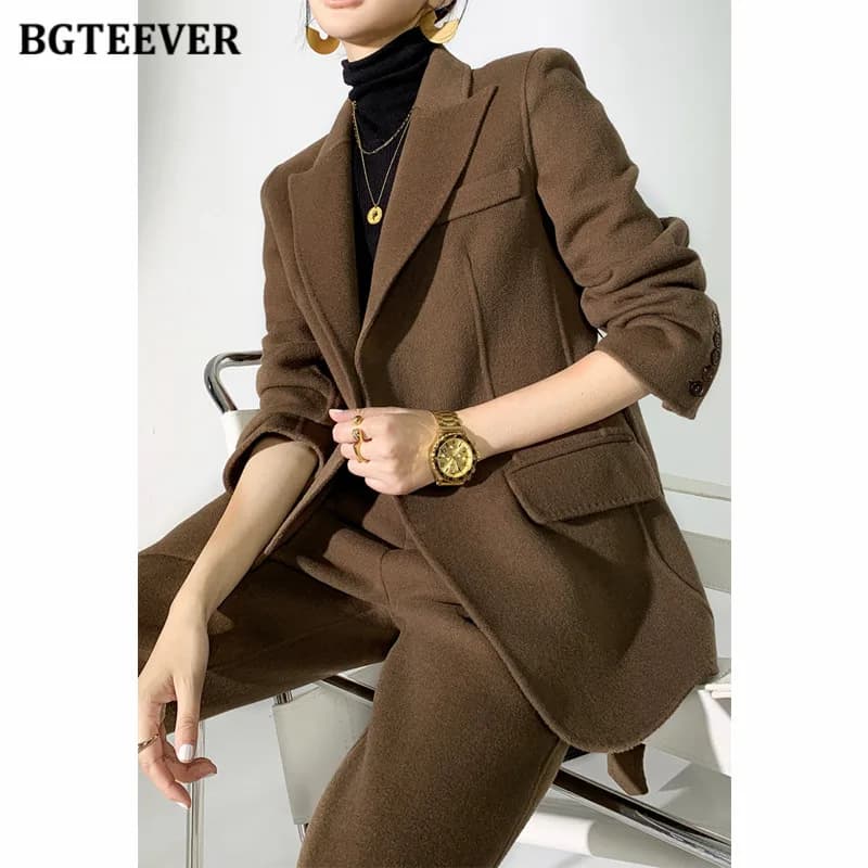 BGTEEVER Autumn Winter Woolen Pant Suits Women Thick Belted Jackets Ladies Wool Pants Warm Trousers Set Female