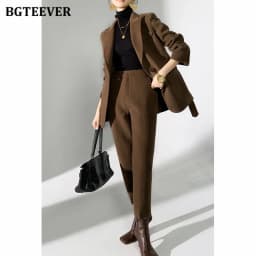 BGTEEVER Autumn Winter Woolen Pant Suits Women Thick Belted Jackets Ladies Wool Pants Warm Trousers Set Female
