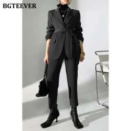 BGTEEVER Autumn Winter Woolen Pant Suits Women Thick Belted Jackets Ladies Wool Pants Warm Trousers Set Female