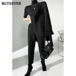 BGTEEVER Autumn Winter Woolen Pant Suits Women Thick Belted Jackets Ladies Wool Pants Warm Trousers Set Female
