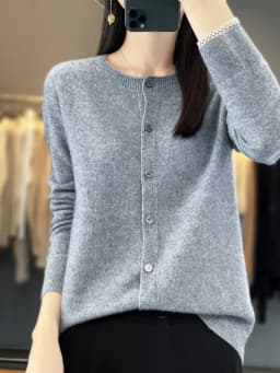 2024 Long Sleeve Cardigan New Fashion Women Sweater 100% Merino Wool Tops Jerseys O-Neck Knitwears Spring Autumn Women Clothing