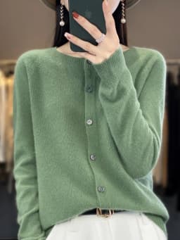 2024 Long Sleeve Cardigan New Fashion Women Sweater 100% Merino Wool Tops Jerseys O-Neck Knitwears Spring Autumn Women Clothing