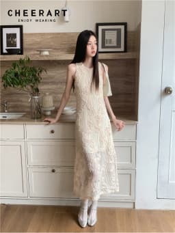 CHEERART Crochet Sleeveless Summer Long Tank Dress For Women 2023 Floral Beige A Line Midi Dress Luxury Designer Party
