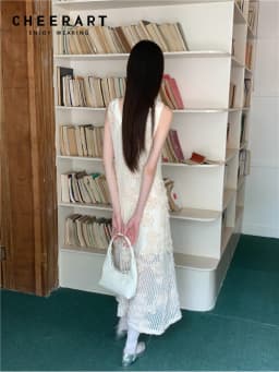 CHEERART Crochet Sleeveless Summer Long Tank Dress For Women 2023 Floral Beige A Line Midi Dress Luxury Designer Party