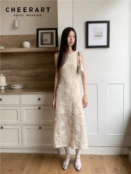 CHEERART Crochet Sleeveless Summer Long Tank Dress For Women 2023 Floral Beige A Line Midi Dress Luxury Designer Party