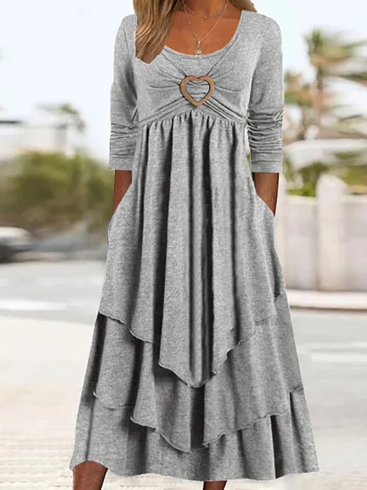 Elegant Office Women Patchwork Pockets Midi Dress Round Neck Basic Solid Long Sleeve Dress Lady Casual Summer Ruffles Club Dress