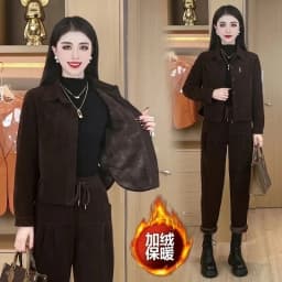Autumn Winter Women's Corduroy Casual Suit Fashion Add Velvet Short Coat Jacket + Elastic Waist Pants 2 Piece Sets Female Outfit