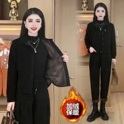 Autumn Winter Women's Corduroy Casual Suit Fashion Add Velvet Short Coat Jacket + Elastic Waist Pants 2 Piece Sets Female Outfit