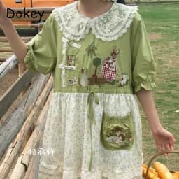 Japanese Mori Girl Patchwork Cotton Linen Dress Women Sweet Vintage Flower Lace-up Loose Sundress Casual Ruffled Pullover Dress