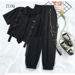 Summer New Two Piece Sets Women Outfits Korean Loose Short Shirts Single Breasted with Tie + Chain Cargo Pants High Waist Pocket