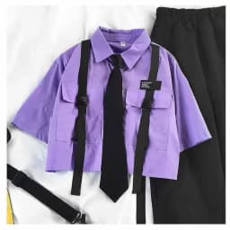 Summer New Two Piece Sets Women Outfits Korean Loose Short Shirts Single Breasted with Tie + Chain Cargo Pants High Waist Pocket