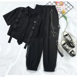 Summer New Two Piece Sets Women Outfits Korean Loose Short Shirts Single Breasted with Tie + Chain Cargo Pants High Waist Pocket