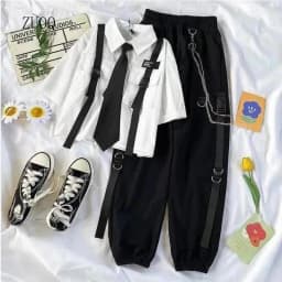Summer New Two Piece Sets Women Outfits Korean Loose Short Shirts Single Breasted with Tie + Chain Cargo Pants High Waist Pocket