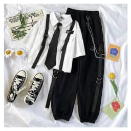 Summer New Two Piece Sets Women Outfits Korean Loose Short Shirts Single Breasted with Tie + Chain Cargo Pants High Waist Pocket