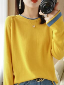 Spring Autumn Hot Sale New 100% Pure Cotton Sweater Women O-neck Pullover Contrast Crimping Fashion Loose Casual Knit Base Tops