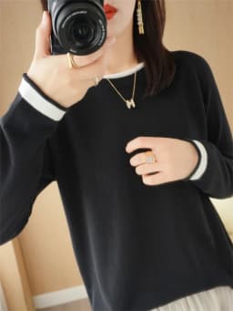 Spring Autumn Hot Sale New 100% Pure Cotton Sweater Women O-neck Pullover Contrast Crimping Fashion Loose Casual Knit Base Tops