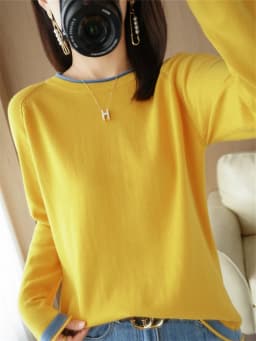 Spring Autumn Hot Sale New 100% Pure Cotton Sweater Women O-neck Pullover Contrast Crimping Fashion Loose Casual Knit Base Tops