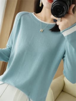 Spring Autumn Hot Sale New 100% Pure Cotton Sweater Women O-neck Pullover Contrast Crimping Fashion Loose Casual Knit Base Tops
