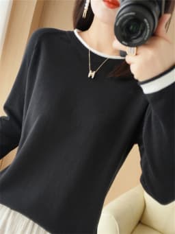 Spring Autumn Hot Sale New 100% Pure Cotton Sweater Women O-neck Pullover Contrast Crimping Fashion Loose Casual Knit Base Tops