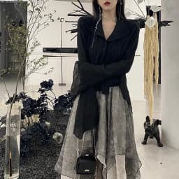 Karrcat Gothic Black Shirts Irregular Yamamoto Style Flare Sleeve Blouse Dark Aesthetic Grunge Clothes Harajuku Mall Goth Tops