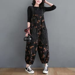 Loose Jeans Black Jumpsuit Women Casual Oversized Baggy Cargo Pants Big Pockets Print Floral Denim Overalls Straps Jean Rompers