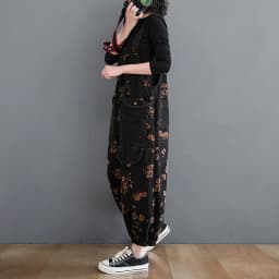 Loose Jeans Black Jumpsuit Women Casual Oversized Baggy Cargo Pants Big Pockets Print Floral Denim Overalls Straps Jean Rompers