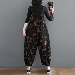 Loose Jeans Black Jumpsuit Women Casual Oversized Baggy Cargo Pants Big Pockets Print Floral Denim Overalls Straps Jean Rompers