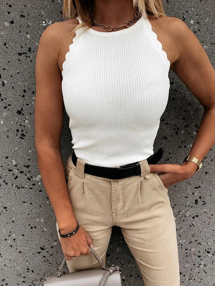 Women Round Neck Sexy Skinny Slim Blouse Elegant Femme Solid Summer Sleeveless Pullover Streetwear All Matching Casual Top Blusa