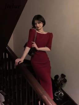 Jielur Korean Style Simple Dress for Women Elegant Midi Bodycon Dress Office Ladies Solid Clothing Femme Fashion Summer Vestidos