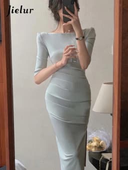 Jielur Korean Style Simple Dress for Women Elegant Midi Bodycon Dress Office Ladies Solid Clothing Femme Fashion Summer Vestidos