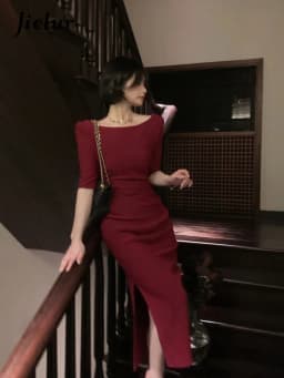 Jielur Korean Style Simple Dress for Women Elegant Midi Bodycon Dress Office Ladies Solid Clothing Femme Fashion Summer Vestidos