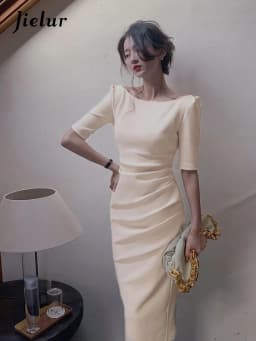 Jielur Korean Style Simple Dress for Women Elegant Midi Bodycon Dress Office Ladies Solid Clothing Femme Fashion Summer Vestidos