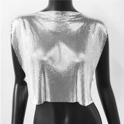 Sparkly New Metal Sequins Sexy Tank Tops Sleeveless O Neck Hollow Out Nightclub Cropped Solid Luxury Women Corset Crop Top 2022