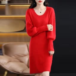 Autumn Winter 100% Mink Cashmere Knit Long Skirt Women Scoop Neck Knee-length Dress Casual Warm Jumper Cashmere Base Shirt Top
