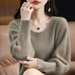 Autumn Winter 100% Mink Cashmere Knit Long Skirt Women Scoop Neck Knee-length Dress Casual Warm Jumper Cashmere Base Shirt Top