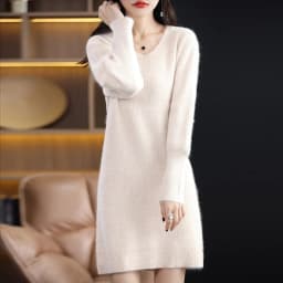 Autumn Winter 100% Mink Cashmere Knit Long Skirt Women Scoop Neck Knee-length Dress Casual Warm Jumper Cashmere Base Shirt Top
