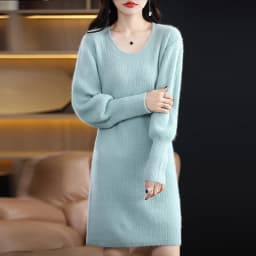 Autumn Winter 100% Mink Cashmere Knit Long Skirt Women Scoop Neck Knee-length Dress Casual Warm Jumper Cashmere Base Shirt Top