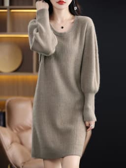 Autumn Winter 100% Mink Cashmere Knit Long Skirt Women Scoop Neck Knee-length Dress Casual Warm Jumper Cashmere Base Shirt Top
