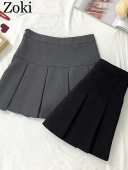 ZOKI Vintage Gray Pleated Skirt Women Kawaii High Waist Mini Skirts Korean Fashion School Uniform Harajuku Streetwear Spring