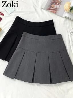 ZOKI Vintage Gray Pleated Skirt Women Kawaii High Waist Mini Skirts Korean Fashion School Uniform Harajuku Streetwear Spring
