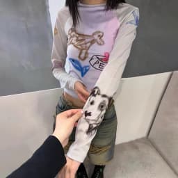 Karrram Y2k Graffiti Print T-shirt Korean Style Patchwork Mesh Tops Kpop Fashion Long Sleeve Crop Tops Japanese Harajuku Tshirt