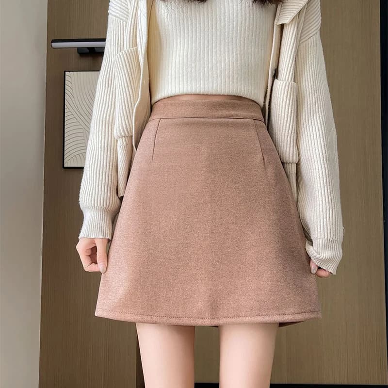 Autumn Winter Anti-Exposure Woolen Mini Skirt Women Korean College Style Short Skirts New Thicken Warm High Waist A-Line Skirt