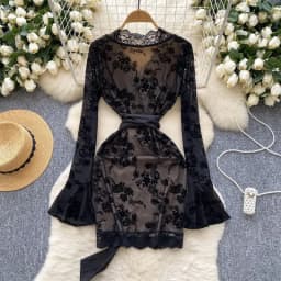 Elegant Flare Sleeve Vintage V-neck Chic Flocking Lace Sexy Bandage Slim Pencil Short Dresses French High Street Autumn Clothing