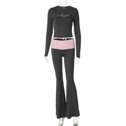 CPSYMYM Casual Two Piece Pants Set for Women Autumn Diamond Patchwork Long Sleeve Tops Contrast Flare Pants Joggers Matching Se