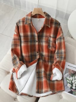 Winter New Women Vintage Oversize Woolen Plaid Shirts Warm Full Sleeve Thick Trun-down Collar Fleece Blouse Casual Outwear T1O90