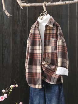 Winter New Women Vintage Oversize Woolen Plaid Shirts Warm Full Sleeve Thick Trun-down Collar Fleece Blouse Casual Outwear T1O90