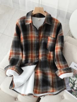 Winter New Women Vintage Oversize Woolen Plaid Shirts Warm Full Sleeve Thick Trun-down Collar Fleece Blouse Casual Outwear T1O90