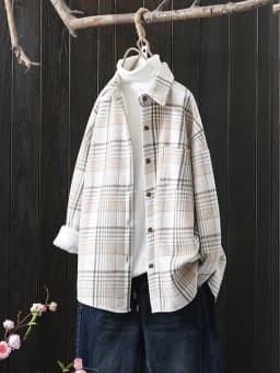Winter New Women Vintage Oversize Woolen Plaid Shirts Warm Full Sleeve Thick Trun-down Collar Fleece Blouse Casual Outwear T1O90