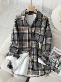 Winter New Women Vintage Oversize Woolen Plaid Shirts Warm Full Sleeve Thick Trun-down Collar Fleece Blouse Casual Outwear T1O90